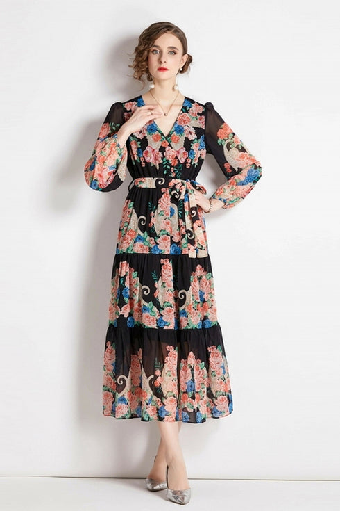 Runway Fashion Spellbind Floral Print, Wrap V-Neck, Ruffled, Belted, Long Sleeve Chiffon Vintage Holiday, Party Maxi Dress